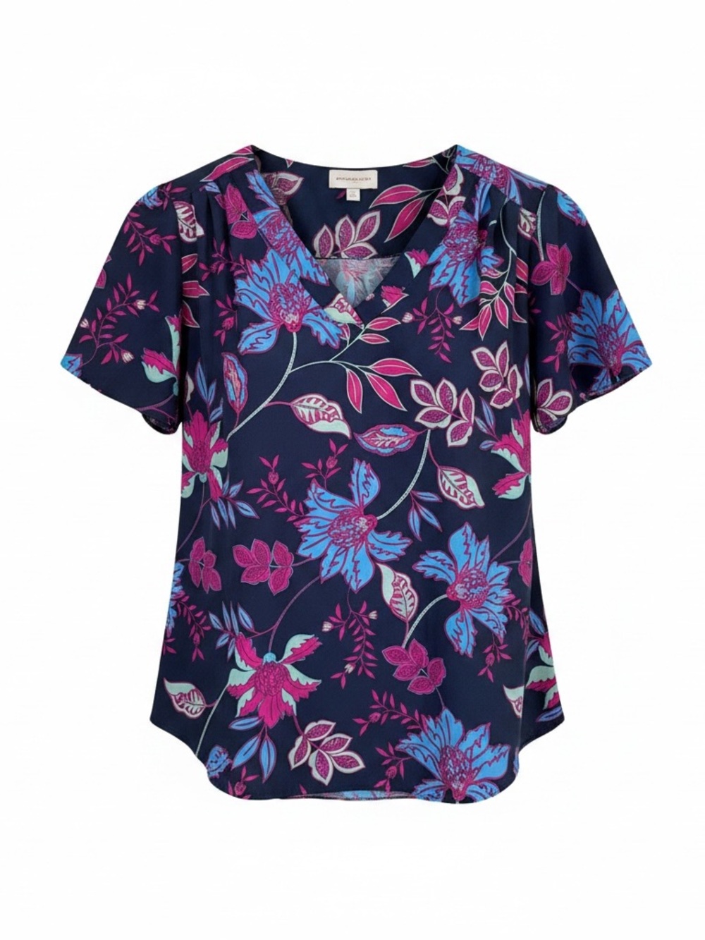 Molly & Isadora 1X Navy Pink Floral Boho Flutter Sleeve Blouse